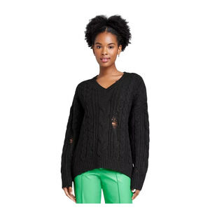 Wild Fable Cable Knit Sweater Women's Size XL V-Neck Destructed Pullover Black